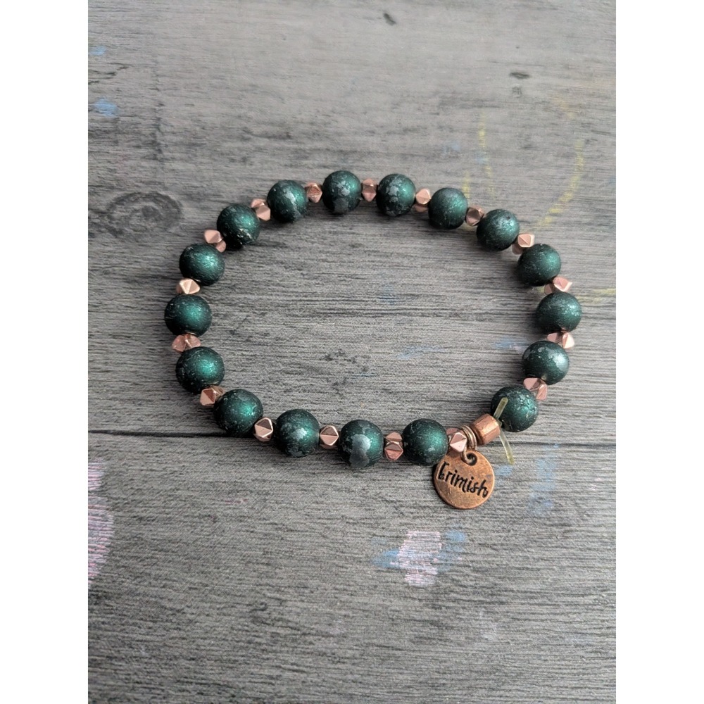 Erimish Beaded Stretch Bracelet Forest Green Rose Gold Tone Boho Stackable Charm